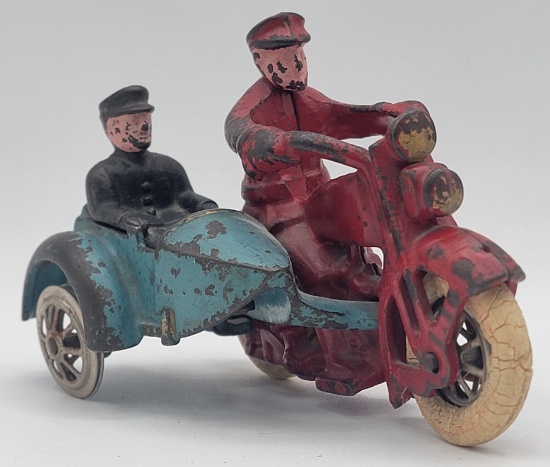 Antique Hubley Harley-Davidson Motorcycle With Sidecar and Riders
