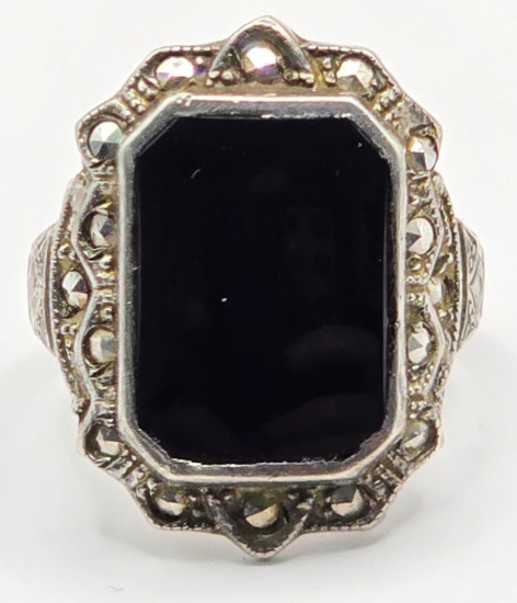 Ladies Sterling Silver Black Onyx & Marcasite Ring