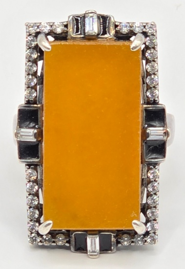 Ladies Joy Sterling Silver Ice Yellow Jade & White Sapphire Ring