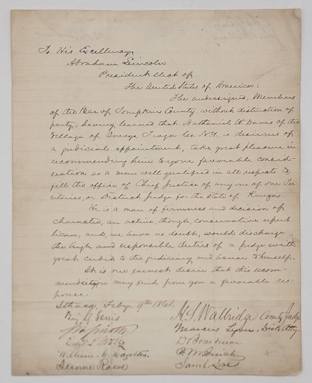 1861 Letter From The Bar Of Tompkins County NY To President Elect Abraham Lincoln