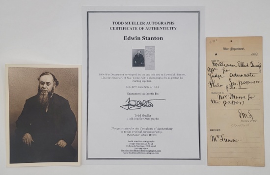 1864 War Department Envelope Initialed By Edwin Stanton Lincoln's Secretary Of War