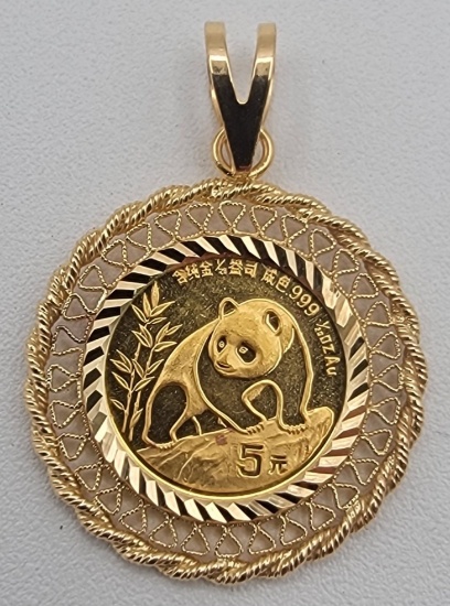 1990 China 1/20th Ounce Panda Gold Coin In 14K Gold Pendant Bezel