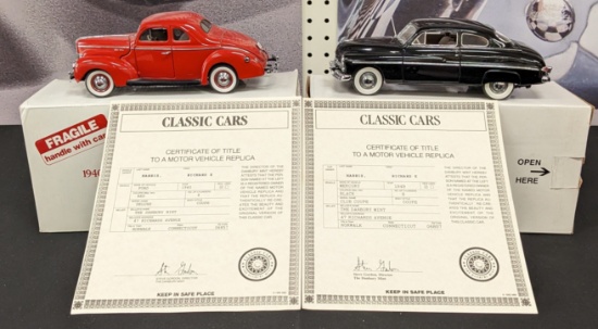 Danbury Mint 1949 Mercury Club Coupe & 1940 Ford Deluxe Coupe Replica Vehicle