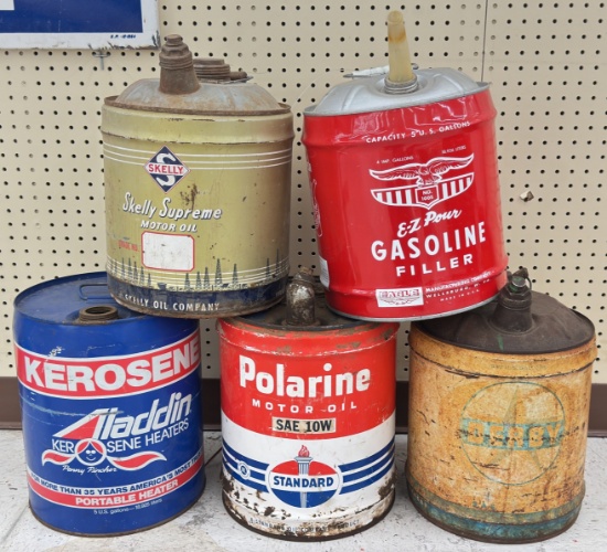(5) Vintage 5 Gallon Oil / Gasoline Cans