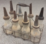 (8) Early Glass Oil Bottle w/ Spouts & Carrier