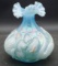 Fenton Blue Satin Iridescent Glass hand Painted Swan Vase