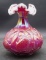 Fenton Ruby Red Iridescent Overlay Swan Vase with White Top