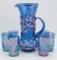 Fenton Iris Blue Carnival Glass Pitcher & 6 Tumblers