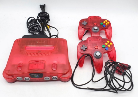 Nintendo 64 N64 Red Watermelon with 2 Controllers and Cords.