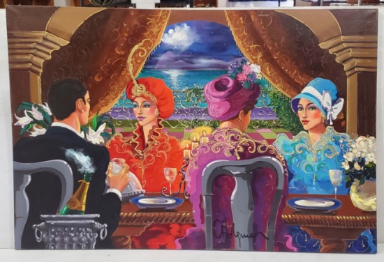 Otto Aguiar ÒDining OutÓ Original Acrylic Painting on Canvas with Gold Leaf Embellishment and Raised