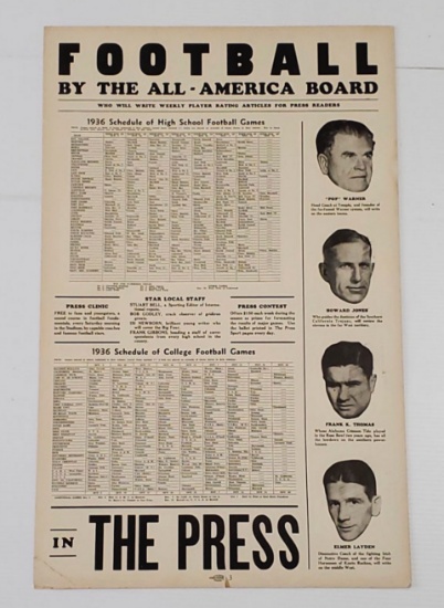 1936 Large College Football Schedule including Pop Warner, Elmer Layden, Howard Jones,