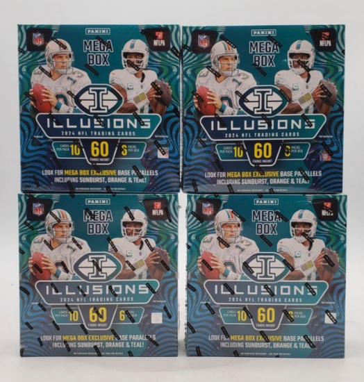 4 Sealed Panini 2024 Illusions Football Mega Box Sunburst, Orange, Teal