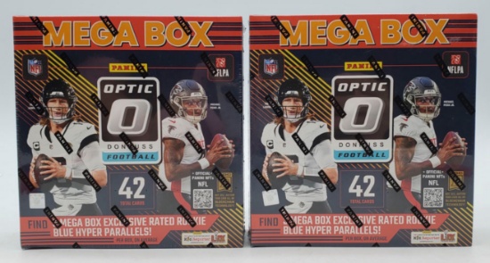 2 Sealed Panini 2024 Donruss Optic O Football Mega Box Blue Hyper, Autographs, Memorabilia Cards