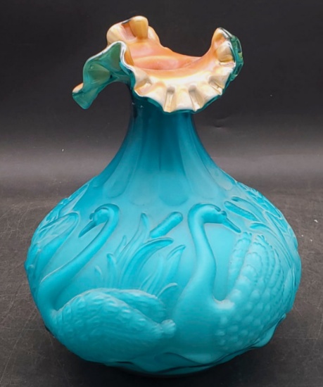 Fenton Azure Blue Swan Vase with Peach Opalescent Top