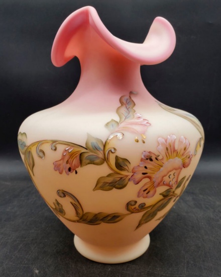 Fenton Burmese Queens Bird Uranium Glass Vase