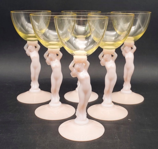 (6) Cambridge Pink Nude Stems with Yellow Uranium Cocktail Glasses