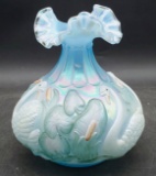 Fenton Blue Satin Iridescent Glass hand Painted Swan Vase
