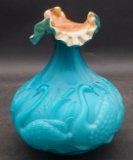 Fenton Azure Blue Swan Vase with Peach Opalescent Top