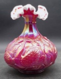 Fenton Ruby Red Iridescent Overlay Swan Vase with White Top