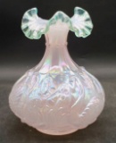Fenton Opalescent Champagne Pink Satin Swan Vase with Sea Mist Green Crest