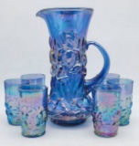 Fenton Iris Blue Carnival Glass Pitcher & 6 Tumblers