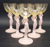(6) Cambridge Pink Nude Stems with Yellow Uranium Cocktail Glasses