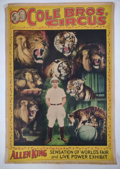 Large Early Cole Bros Circus Allen King Linen Backed Circus Poster