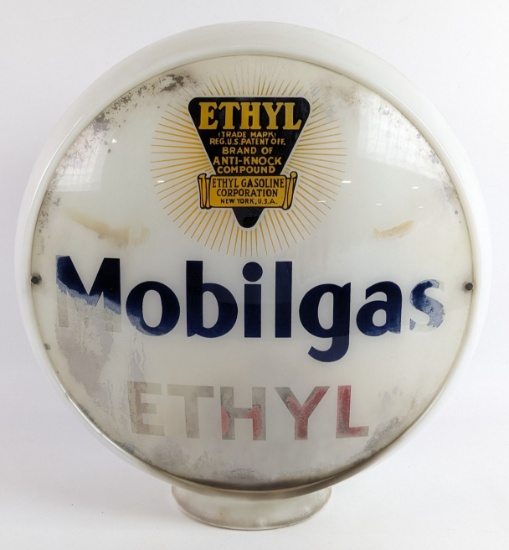 Early Mobilgas Ethyl Gas Pump Globe w/ Milk Glass Body
