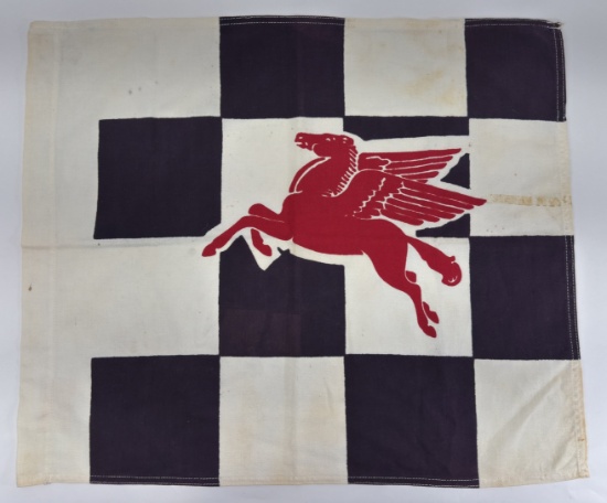 Vintage Mobil Racing Cloth Checkered Flag w/ Pegasus Graphic