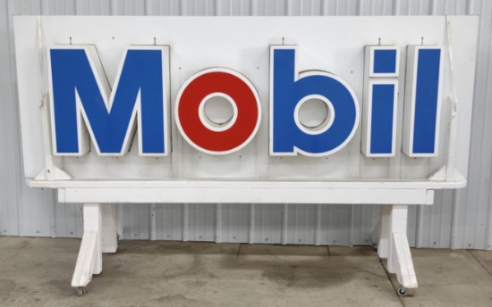 Over 8ft Mobil Gas Station Lighted Sign w/ Custom Rolling Base