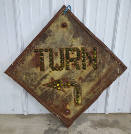 Vintage Embossed Metal Turn Road Sign w/ Glass Reflectors