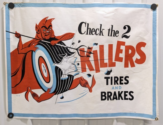 4ft 1950s-60s 2 Killers Tire Auto Shop Canvas Banner w/ Devil Graphics