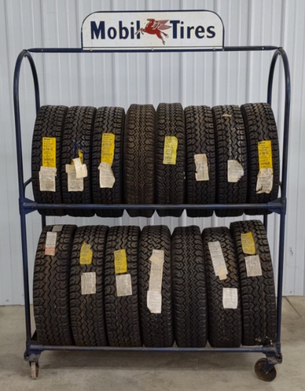 Vintage Mobil Service Station Tire Display Rack Full Of NOS Tires