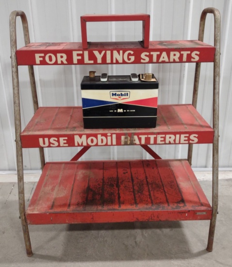 Vintage Mobil Service Station Auto Batteries Display Shelf Rack w/ NOS Battery
