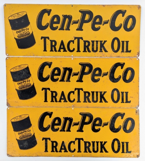 3) Vintage SST Cen-Pe-Co Motor Oils TracTruck Oil Signs w/ Barrel Graphics