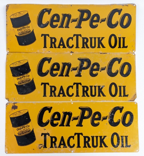 3) Vintage SST Cen-Pe-Co Motor Oils TracTruck Oil Signs w/ Barrel Graphics
