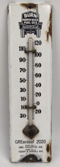 Vintage Porcelain Burn Murphy-Miles Fuel Oil Advertising Thermometer