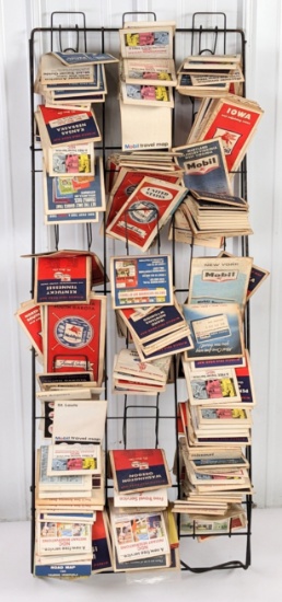 Large Lot Of Vintage Mobil Service Station Travel Maps W/ Metal Hanging Display Rack