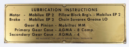 Vintage Mobil Service Station Lubrication Brass Instruction Sign