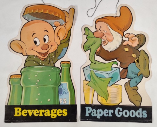 2) Vintage Disney Snow White Store Display Isle Marker Signs / Dwarves
