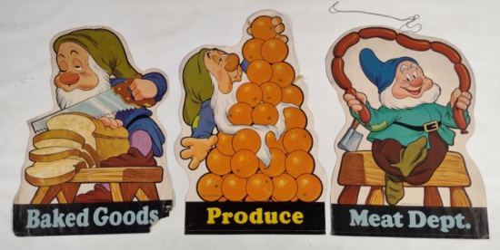 3) Vintage Disney Snow White Store Display Isle Marker Signs / Dwarves