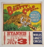 Vintage Clyde Beatty Cole Bros Circus Poster w Tiger Graphic