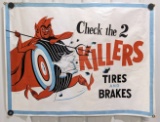 4ft 1950s-60s 2 Killers Tire Auto Shop Canvas Banner w/ Devil Graphics