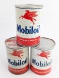 (3) Vintage Mobiloil Aero Red / Green / White Band Aircraft Oil Metal Quart Cans