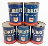 (5) Vintage Mobil Lubrite Motor Oil One Quart Metal Oil Cans