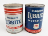 (2) Vintage Mobil Standard Lubrite Motor Oil One Quart Metal Oil Cans