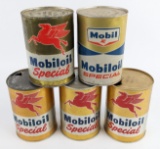 (5) Vintage Mobil Mobiloil Special One Quart Metal Oil Cans