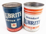 (2) Vintage Mobil Lubrite 5 Quart Metal Oil Cans