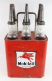 Vintage Mobiloil Glass Oil Bottle Carrier Rack w/ SSP Sign & (6) Bottles