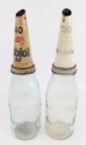2) Early Vacuum Mobiloil Imperial Quart Glass Oil Bottles w/ Spouts